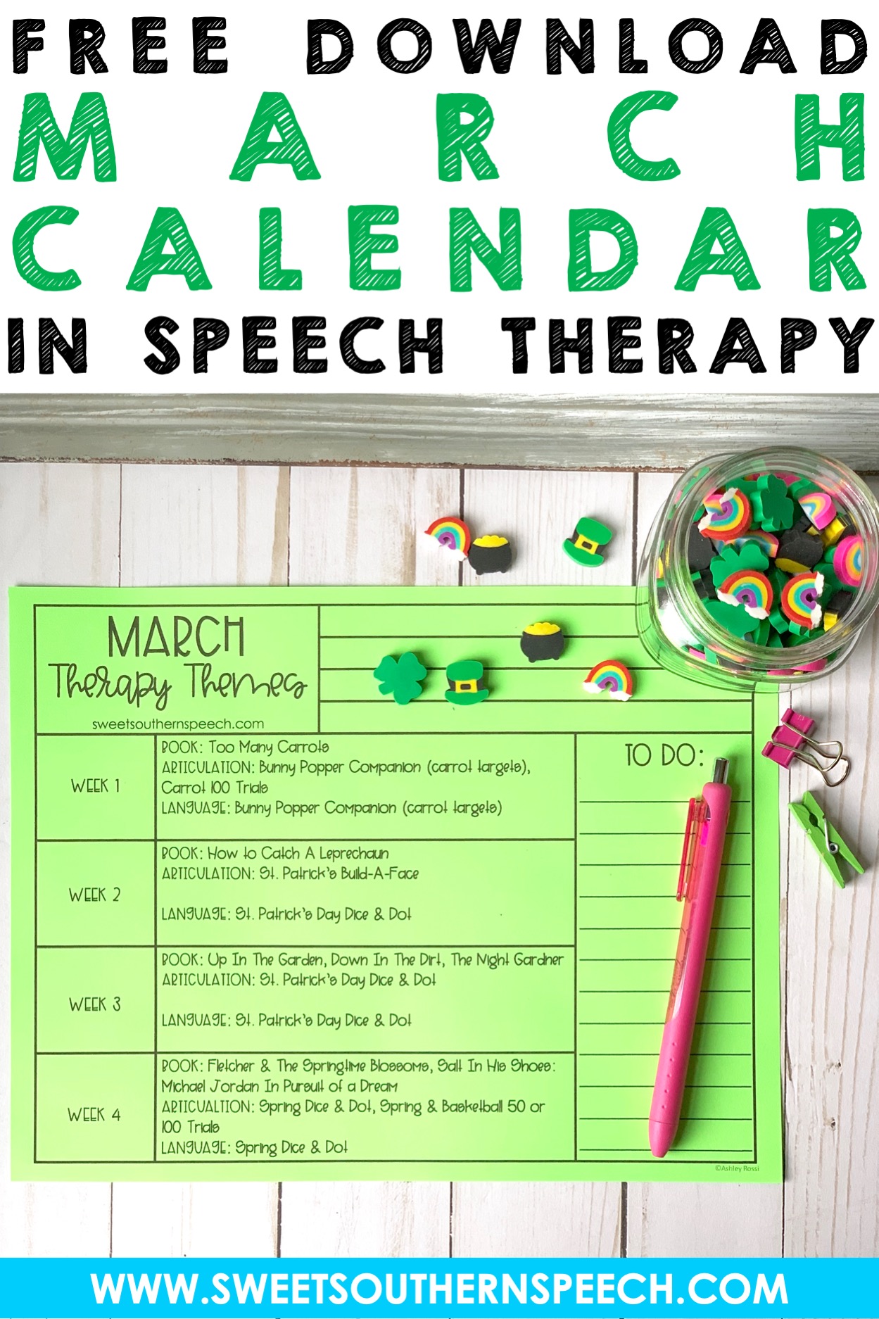 FREE March themed calendar for speech therapy