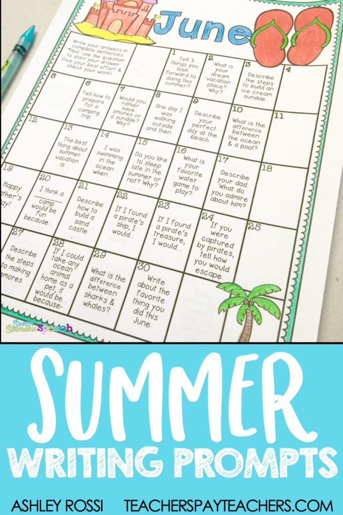 Summer Writing Prompts for elementary kids - fun themes: ocean, pirates, camp, vacations. Daily calendar writing prompts for journaling in June, July, and August