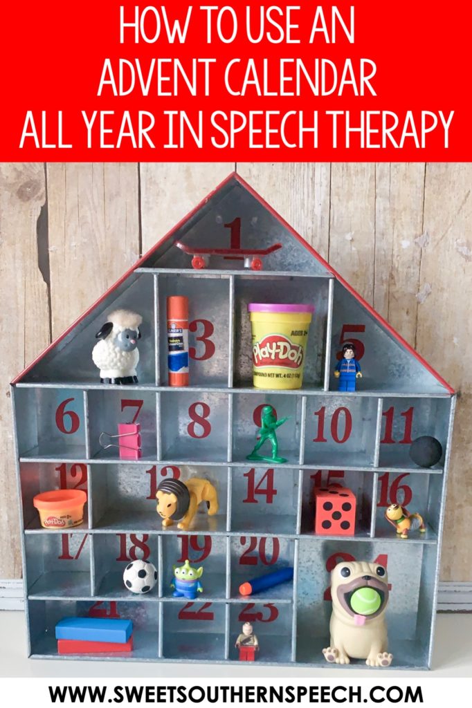How to use an advent calendar all year in Speech Therapy to work on expressive and receptive language skills.